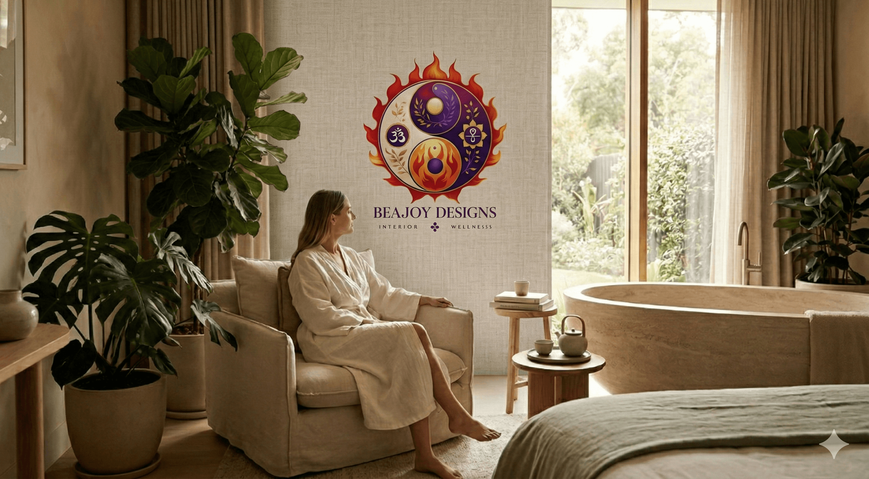 Woman in a calming spa-style retreat suite with biophilic elements